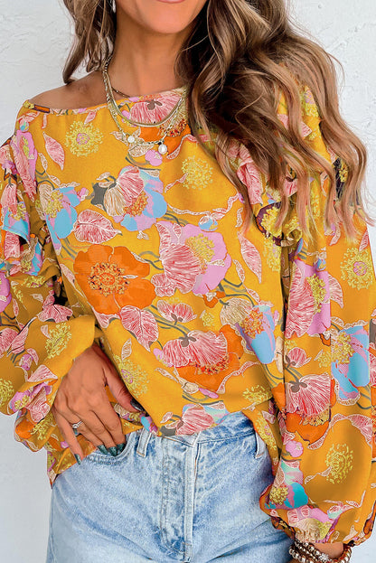 Blusa con mangas abullonadas y volantes con estampado floral de jengibre