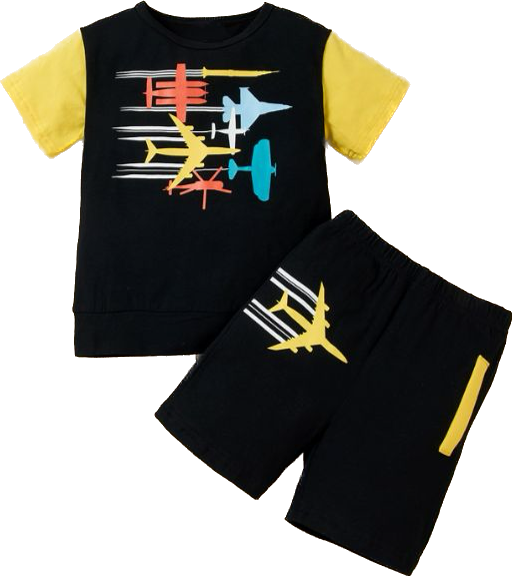 Number of pieces: 2-piece deliciousness! Airplane Graphic Tee and Short Set to Delight Kids. Style: Relaxed Neckline: Circling round Sleeve Length: Quick sleeves for the win. Available in Toddler and Kid Sizes - Hoooray!