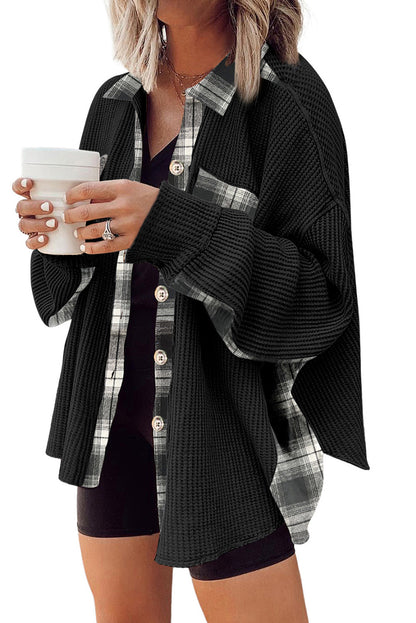 A shacket like no other! Hit the town lookin' fly in this Plaid Patchwork Thermal Knit Shacket, with its unique lattice detailing, flap pocket allusions, and comfy breathable fabric (95% Polyester, 5% Elastane) in classic Apricot, Black, and Beige hues. A sharp addition to any wardrobe!