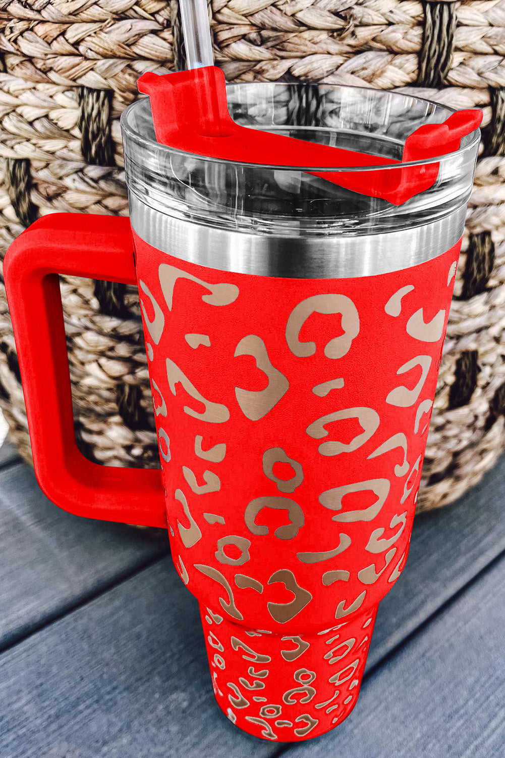 Taza de acero inoxidable 304 con doble aislamiento y manchas de leopardo rosa de 40 oz