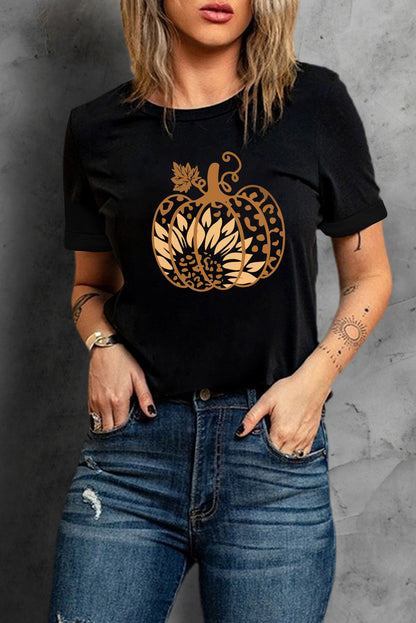 Black Halloween Sunflower Pumpkin Graphic Tee