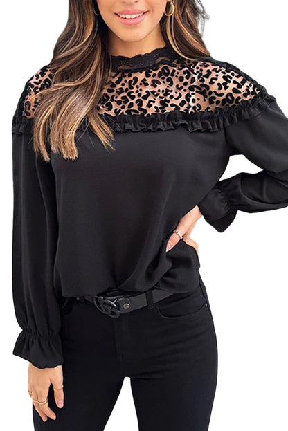 Blusa de manga larga con volantes y malla de leopardo negra