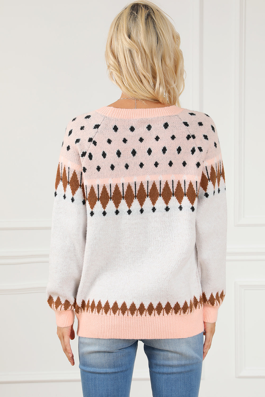 Multicolor Mixed Geometric Detail Raglan Sleeve Sweater