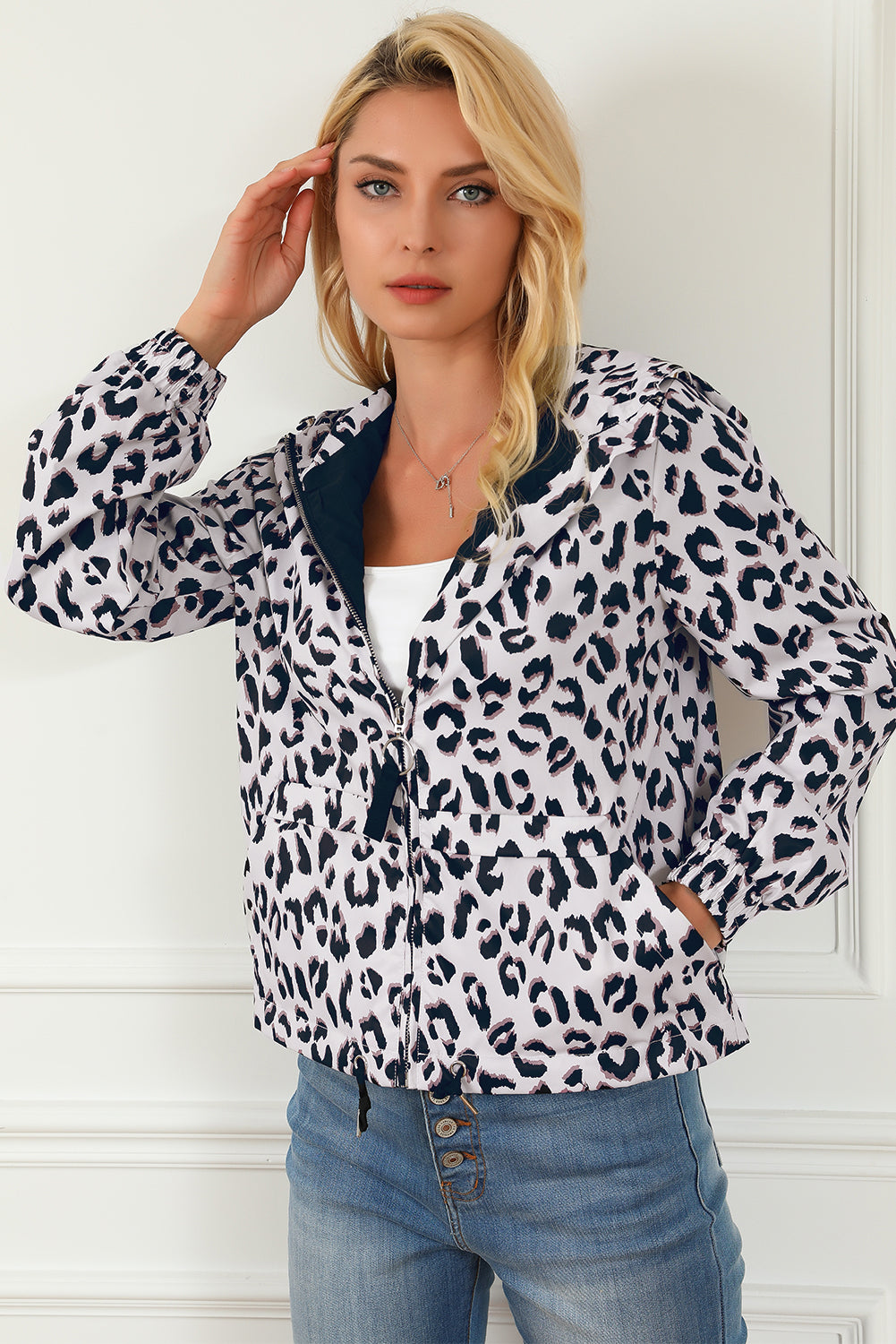 Leopard Zip Up Collared Hooded Windbreaker