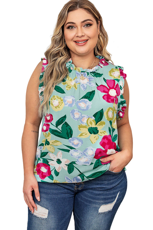 Camiseta sin mangas con volantes y estampado floral multicolor en talla grande