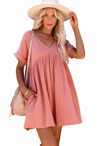 Pink Roll Up Short Sleeve V Neck Babydoll Mini Dress