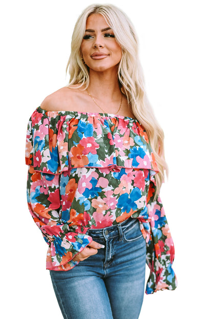 Blusa con hombros descubiertos y volantes con estampado floral