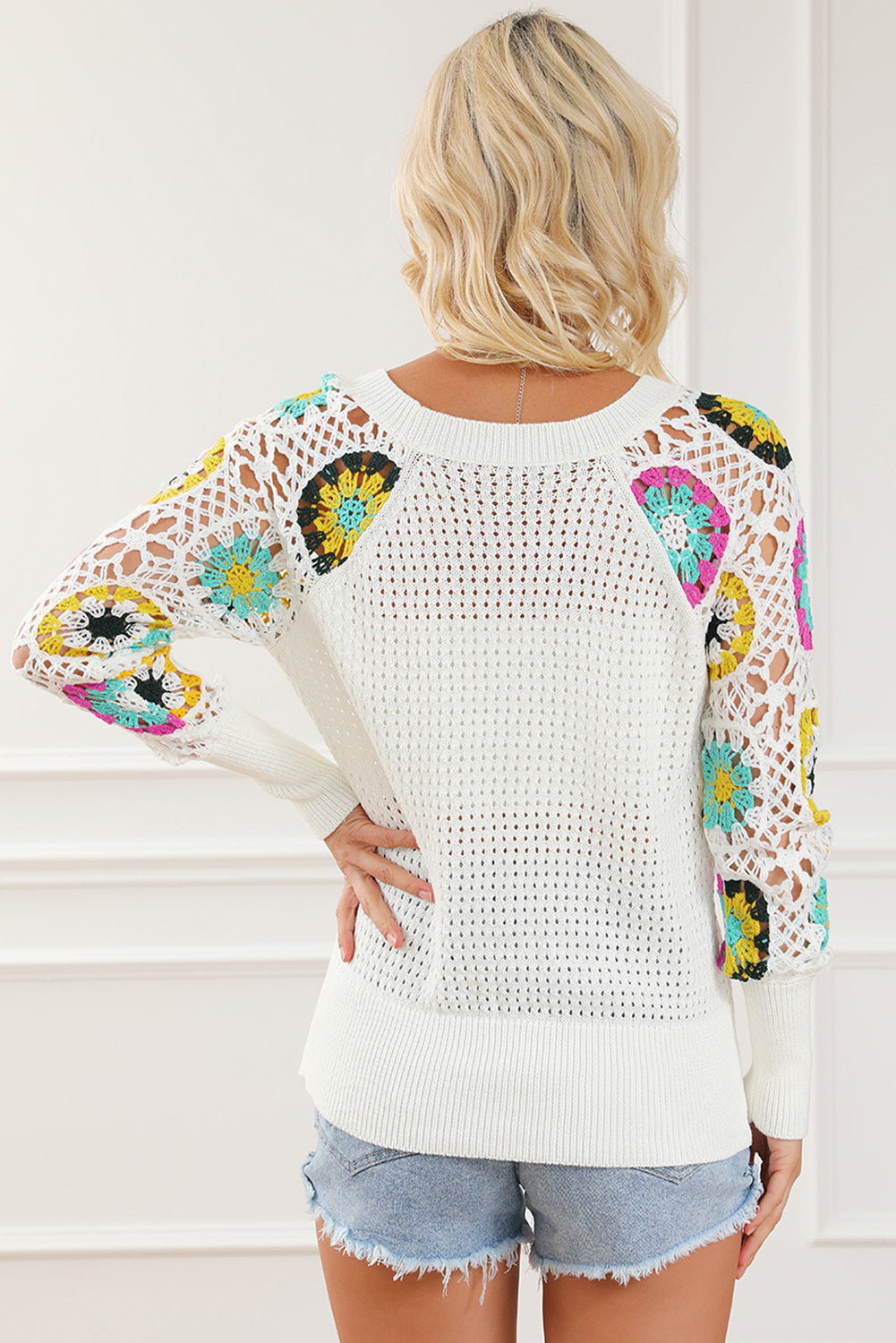 White Pointelle Floral Crochet Sleeve Sweater