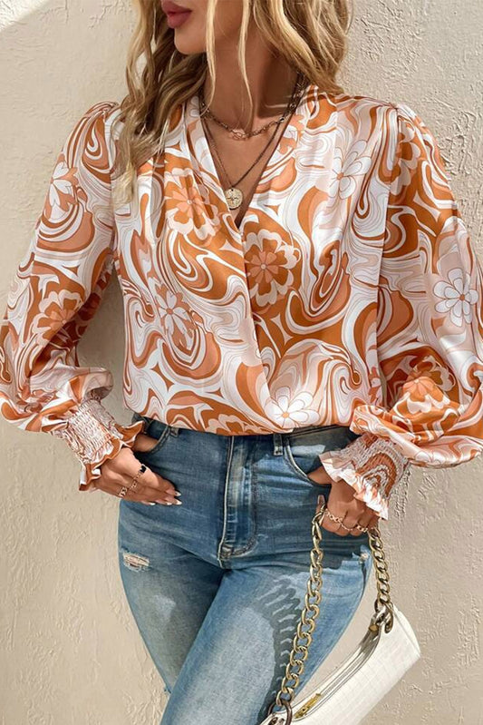 Orange Floral Swirl Printed Bishop Sleeve Surplice Blouse