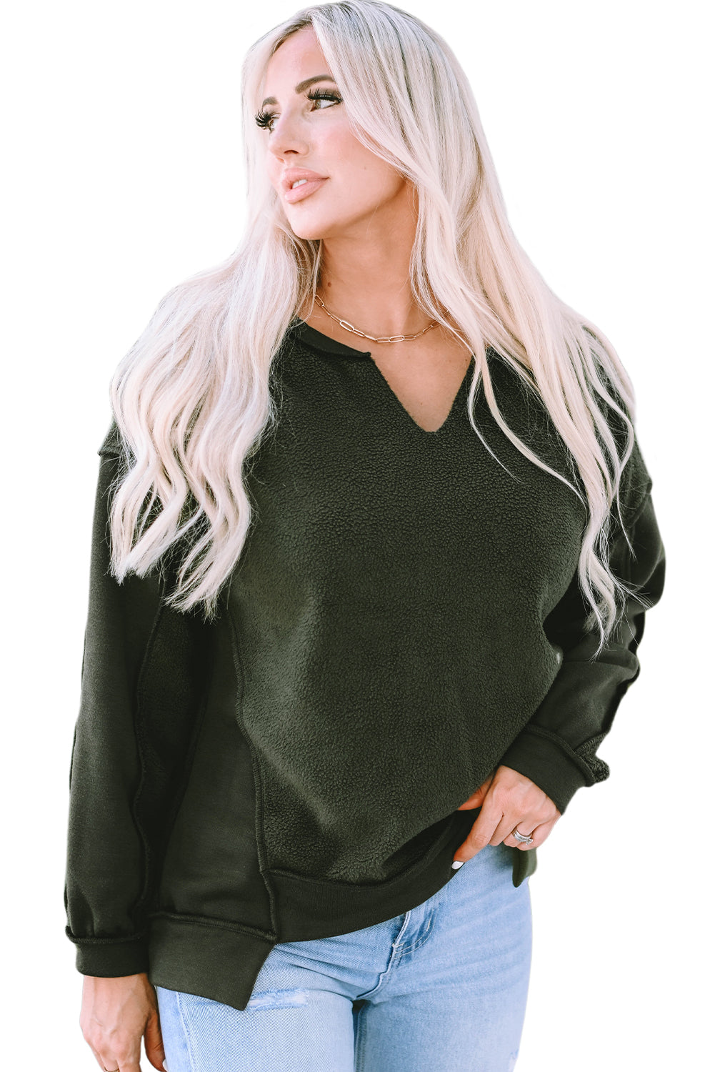 Green Expose Seam Detail Split Neck Long Sleeve Top