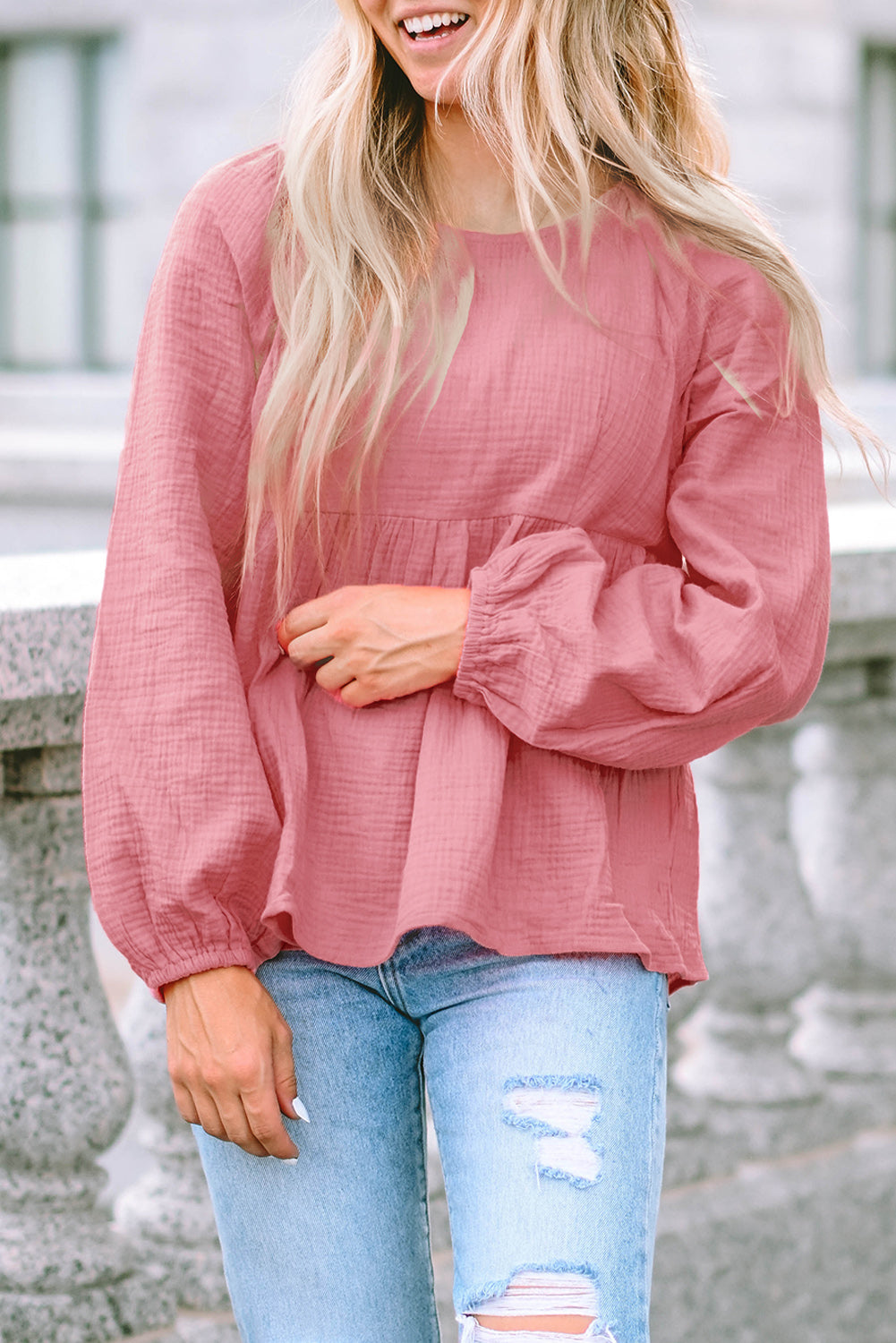 Pink Bubble Sleeve Textured Flowy Blouse