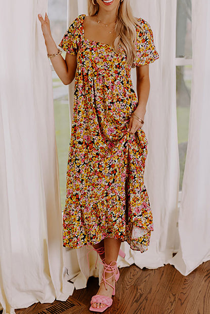 Vestido midi con estampado floral, espalda abierta, escote cuadrado y mangas abullonadas en amarillo