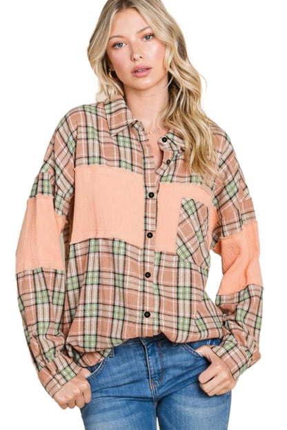 Camisa oversize con estampado de cuadros y patchwork arrugado en color naranja