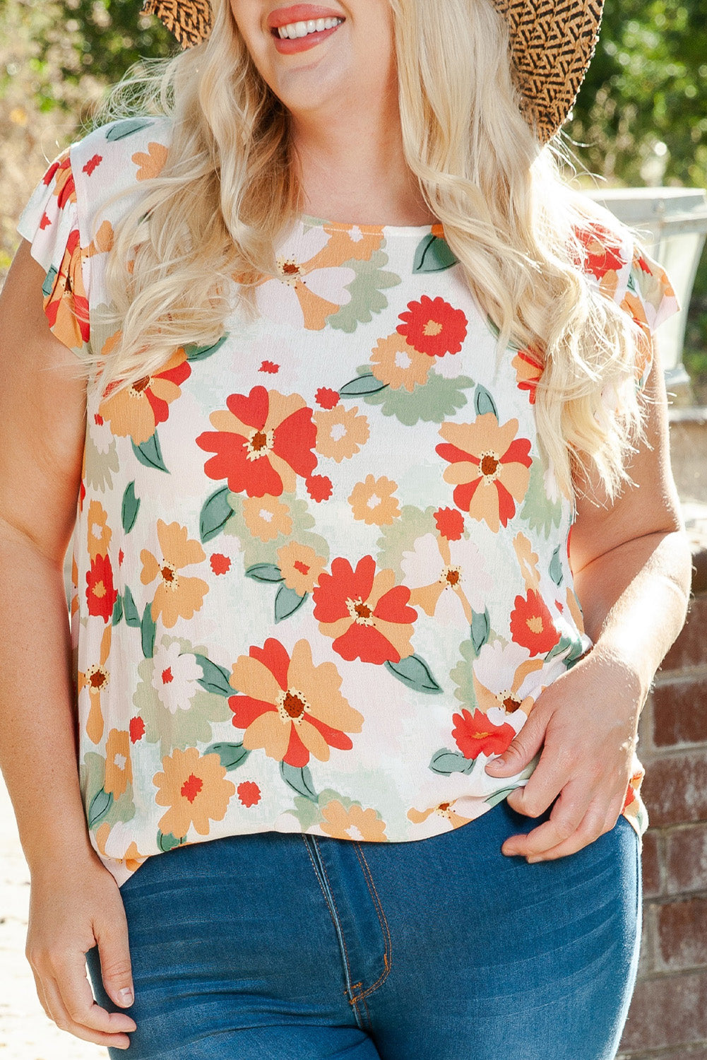 Multicolor Plus Size Floral Flutter Ruffle Sleeves Blouse