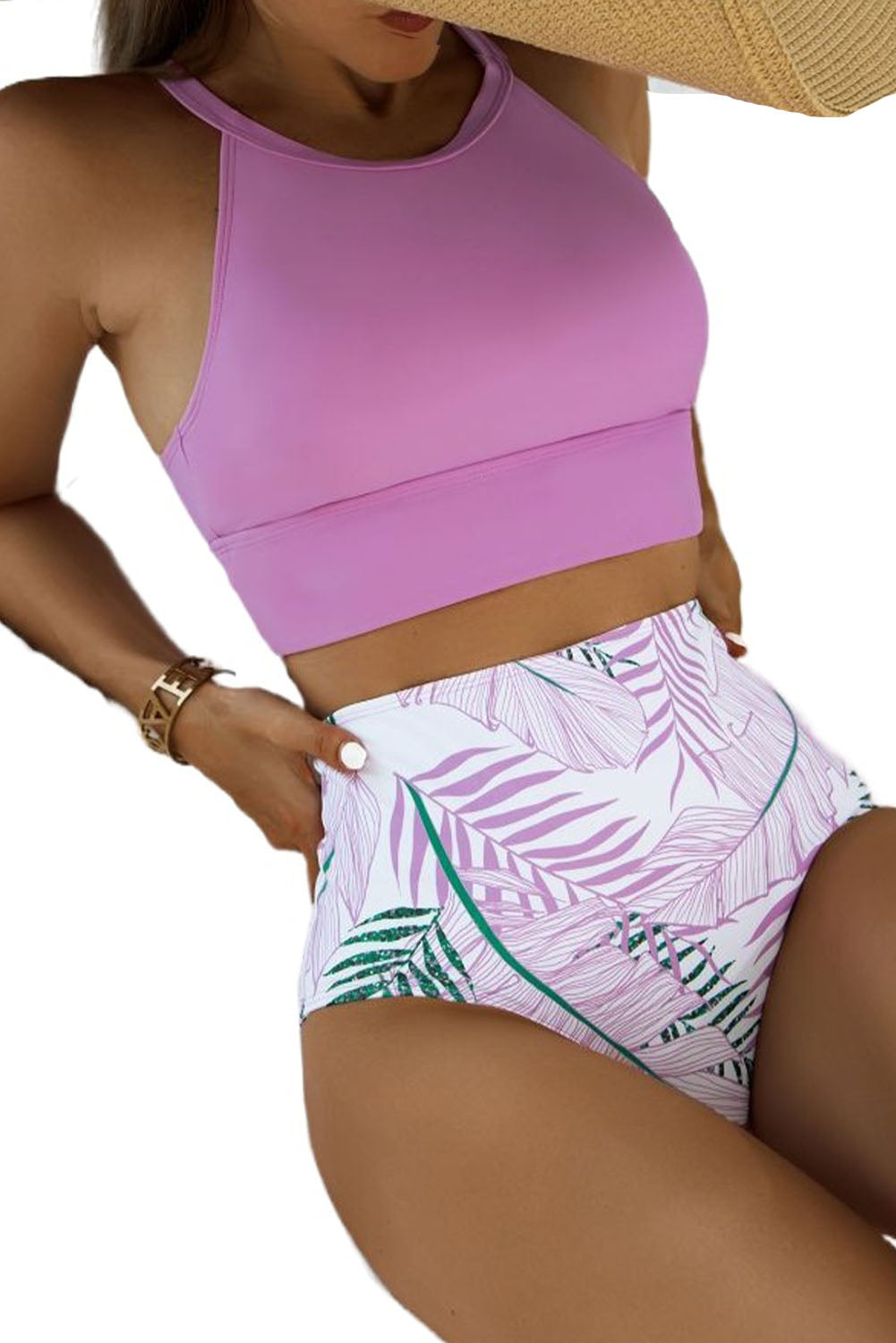 Traje de baño de cintura alta con estampado de bikini con cuello halter y tirantes de color morado