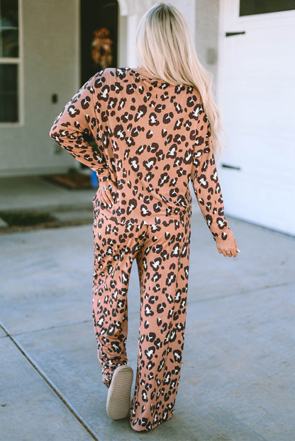 Conjunto de jersey y pantalón de manga larga con estampado de leopardo marrón