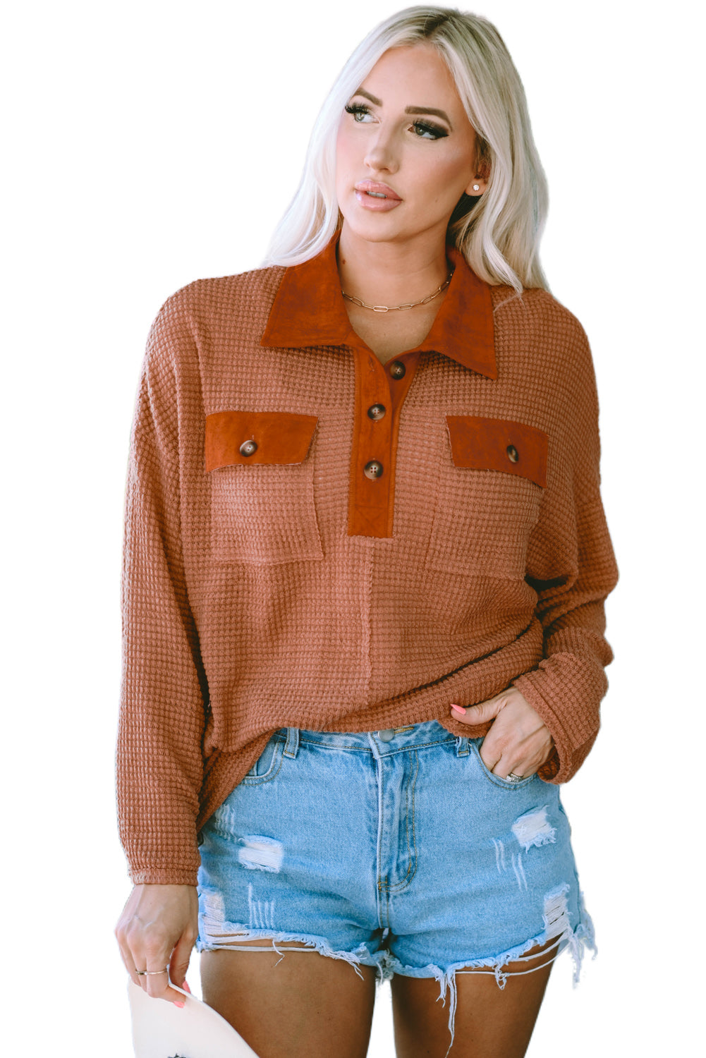 Cozy and cuddly waffle knit fabric - a fashionista's favorite! Peppy button contrast trim gives a trend-savvy vibe. The Long sleeves keep you warm and cozy. Loose fit = no stress, just style!  Material: 95% Polyester, 5% Elastane