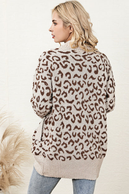 Khaki Fuzzy Leopard Ribbed Trim Lapel Collar Cardigan