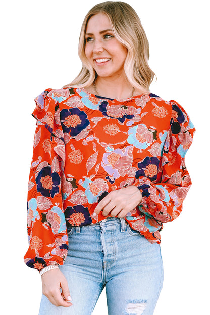 Blusa con mangas abullonadas y volantes con estampado floral de jengibre