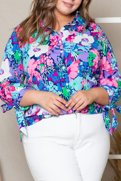 Multicolor Plus Size Floral Knotted Long Sleeve Shirt