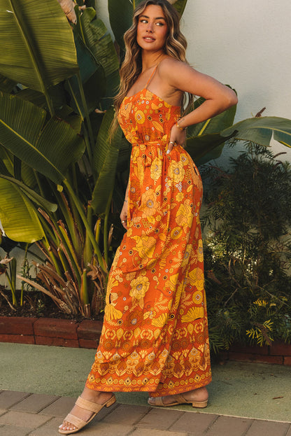 Orange Floral Wide Leg Sleeveless Jumpsuit