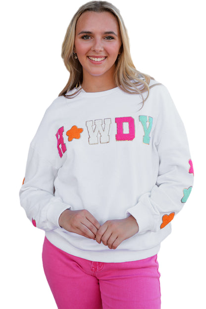 Vamp up your wardrobe with this fun pullover sweatshirt! The dazzling "HOWDY" graphic gives it a touch of pizzazz, and the star patterns on the sleeves make it extra darling. Made of 65% Polyester and 35% Cotton, you can choose from Black or White. Moodz Boutique has you covered!