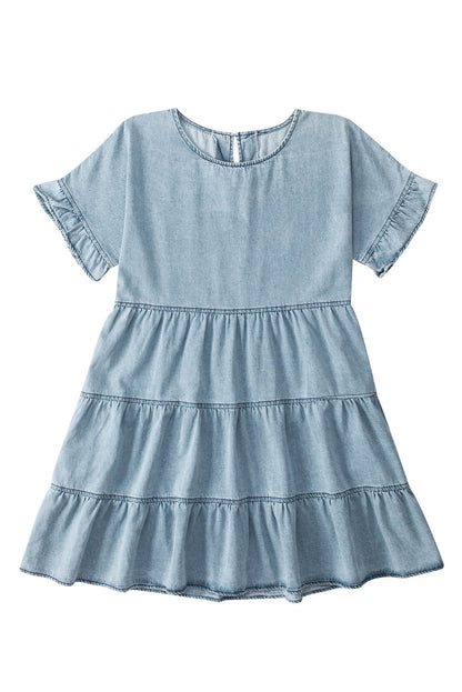 Sky Blue Ruffled Short Sleeves Tiered Denim Dress