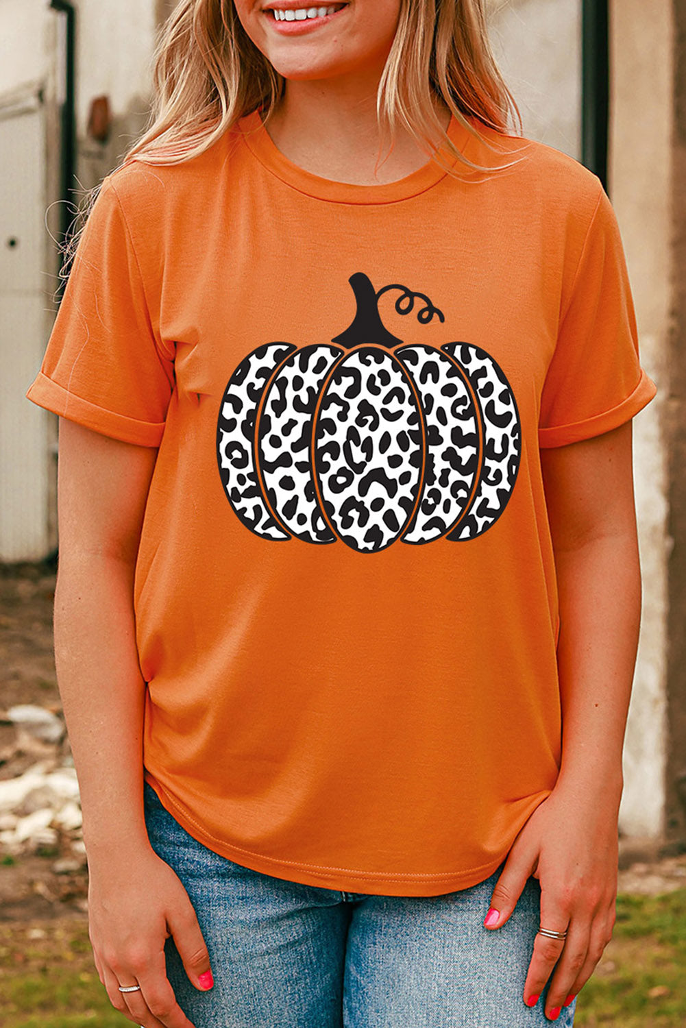 Camiseta de moda diaria con estampado de calabaza y leopardo