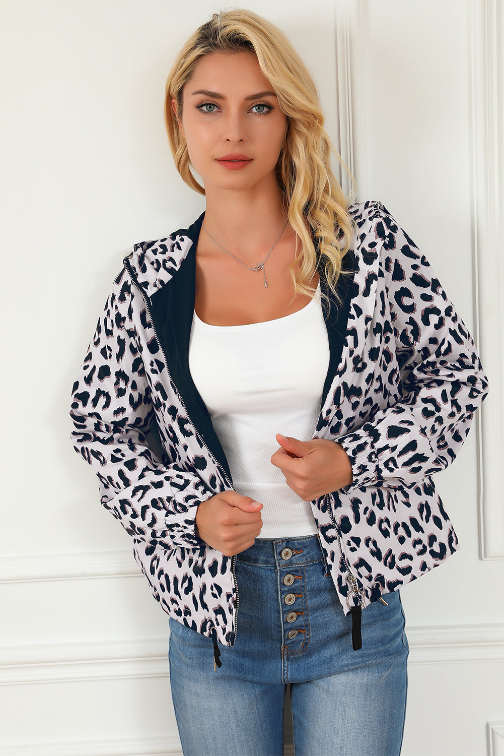 Leopard Zip Up Collared Hooded Windbreaker