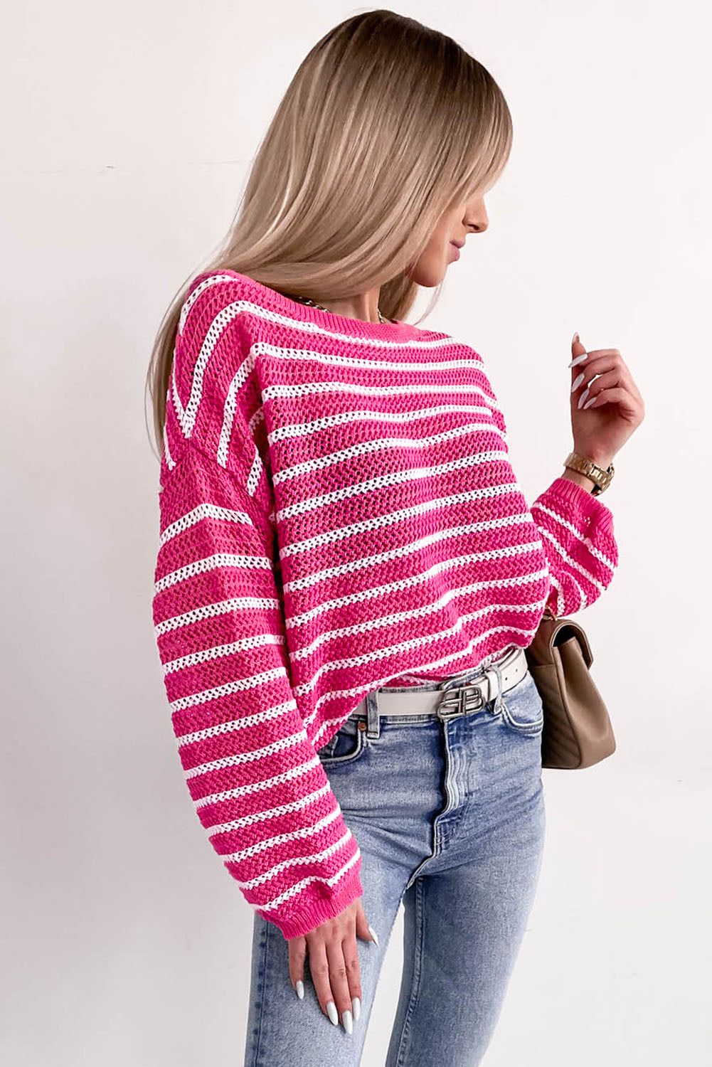 Rose Drop Shoulder Contrasting Striped Sweater