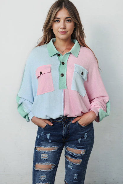 Multicolor Exposed Seam Colorblock Ribbed Oversized Henley Top