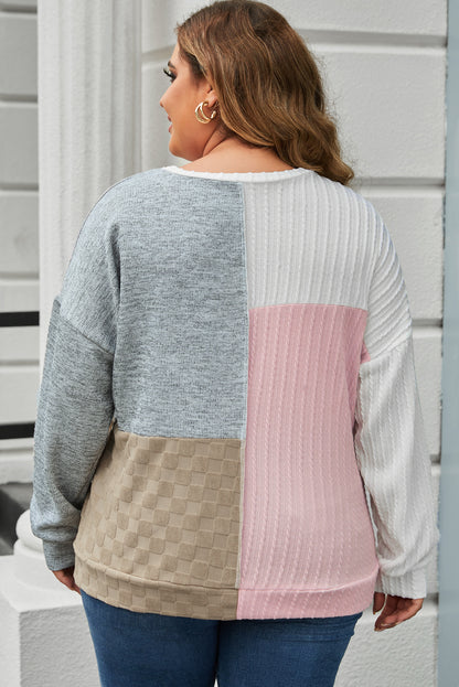 Multicolor Cable Knit Colorblock Long Sleeve Plus Size Top