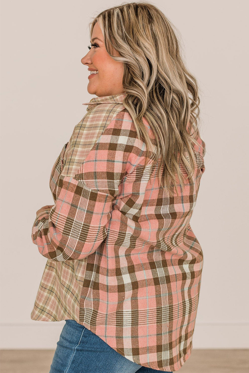 Orange Drop Shoulder Rounded Hem Plaid Pattern Shirt