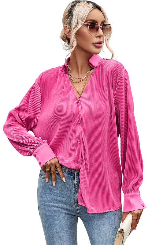 Pink V Neck Collared Button Pleated Shirt