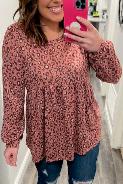 Leopard Print Long Sleeve Ruffled Babydoll Blouse