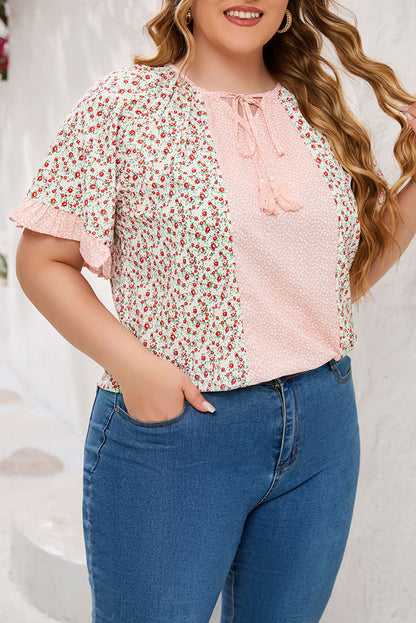 Pink Dotty Floral Patchwork Plus Size Long Sleeve Blouse