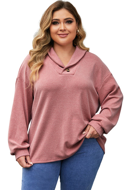 Pink Plus Size Long Sleeve V-Neck Buttoned Top