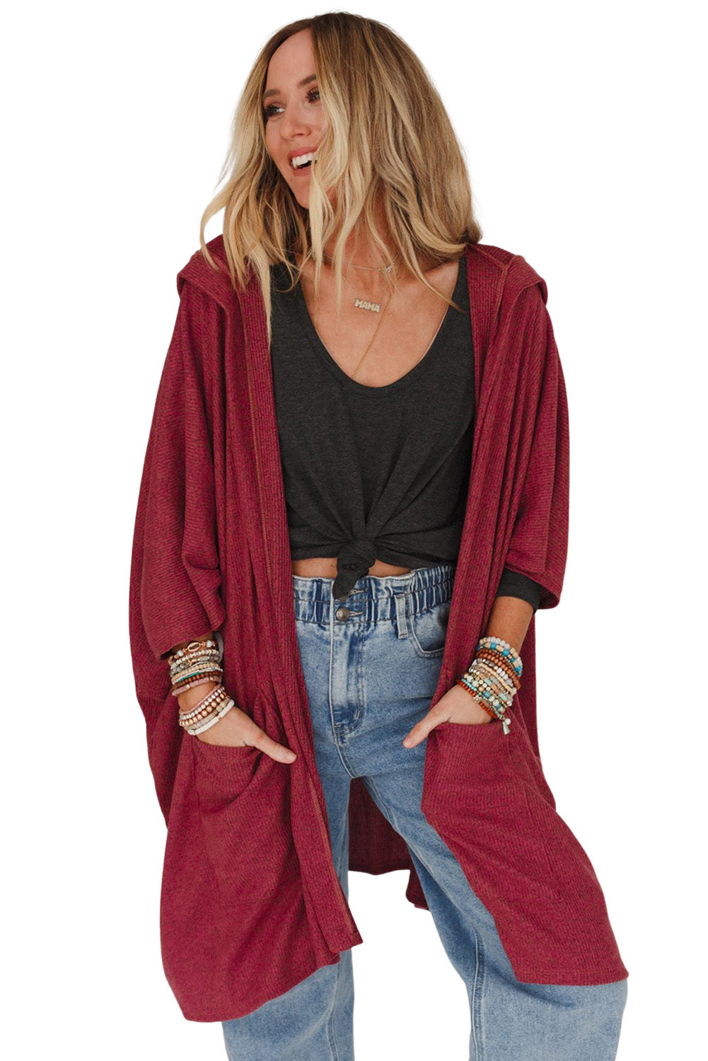 Red Bracelet Sleeve Pocketed Open Front Hooded Cardigan