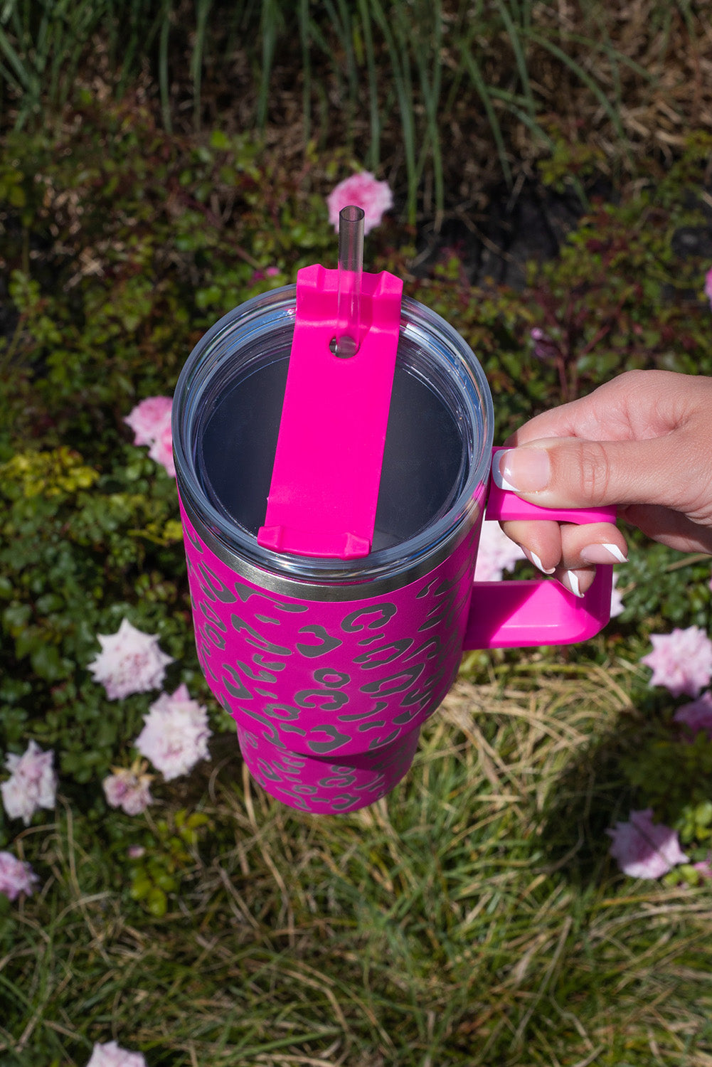 Taza de acero inoxidable 304 con doble aislamiento y manchas de leopardo rosa de 40 oz