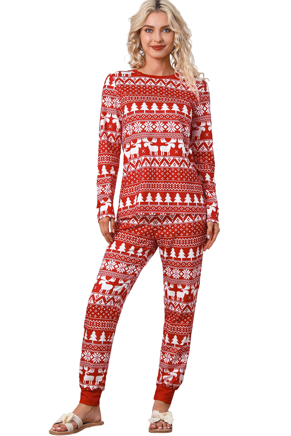 Conjunto de pijama y pantalón con diseño de reno y árbol de Navidad rojo