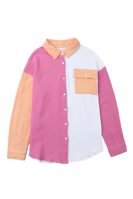 Camisa de manga larga texturizada con bloques de color rosa y bolsillo