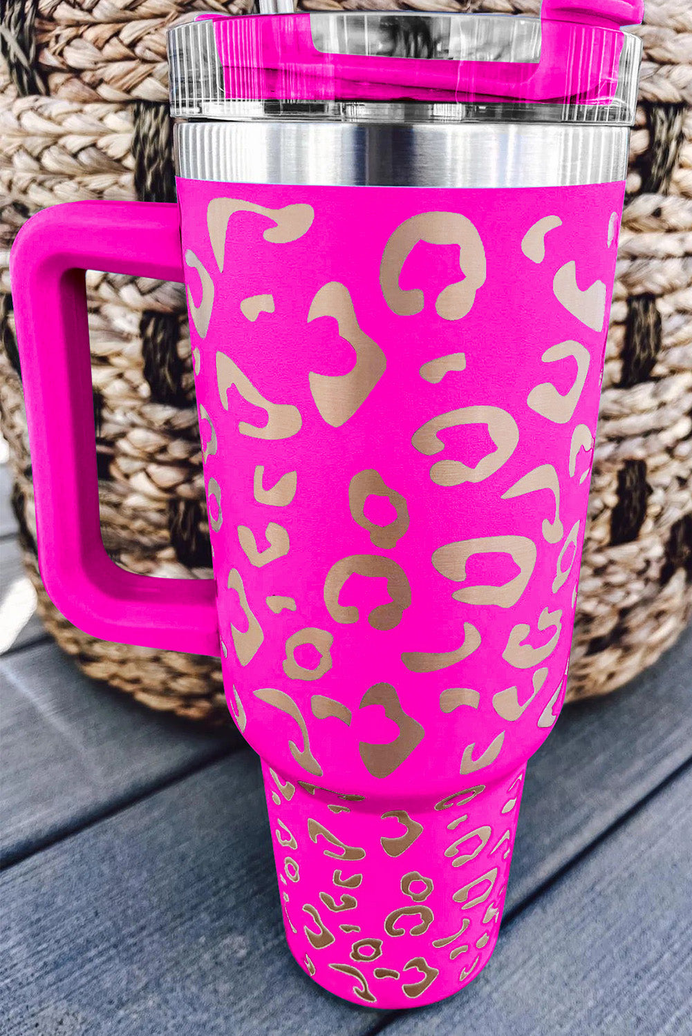 Taza de acero inoxidable 304 con doble aislamiento y manchas de leopardo rosa de 40 oz