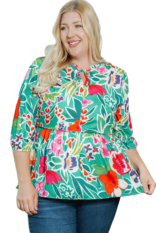 Blusa peplum con cuello dividido y lazo floral multicolor en talla grande