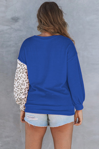 Leopard Patchwork Color Block Ribbed Long Sleeve Top