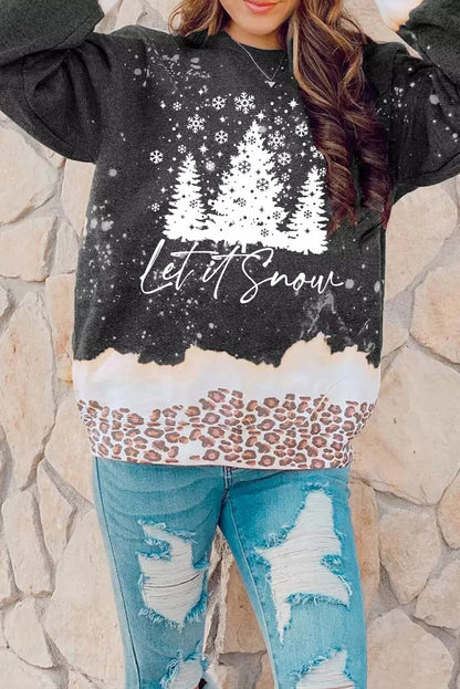 Sudadera con estampado navideño de leopardo y nieve en color negro 