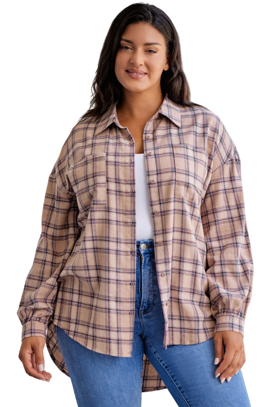 Pink Plaid Print Buttoned Oversized Tunic Shirt