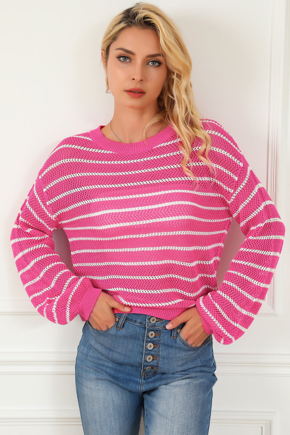 Rose Drop Shoulder Contrasting Striped Sweater