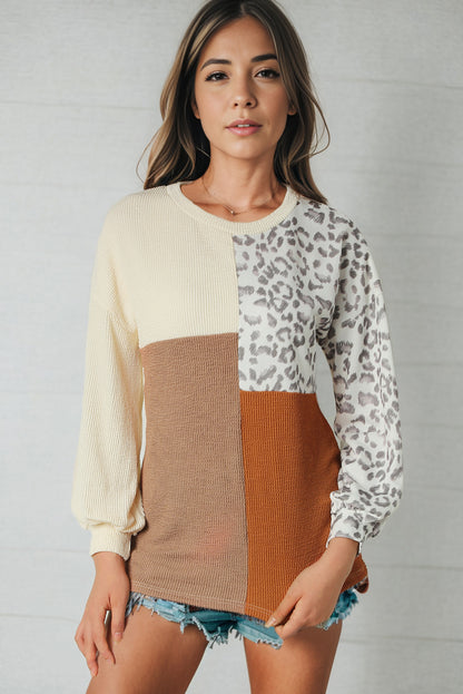 Leopard Patchwork Color Block Ribbed Long Sleeve Top