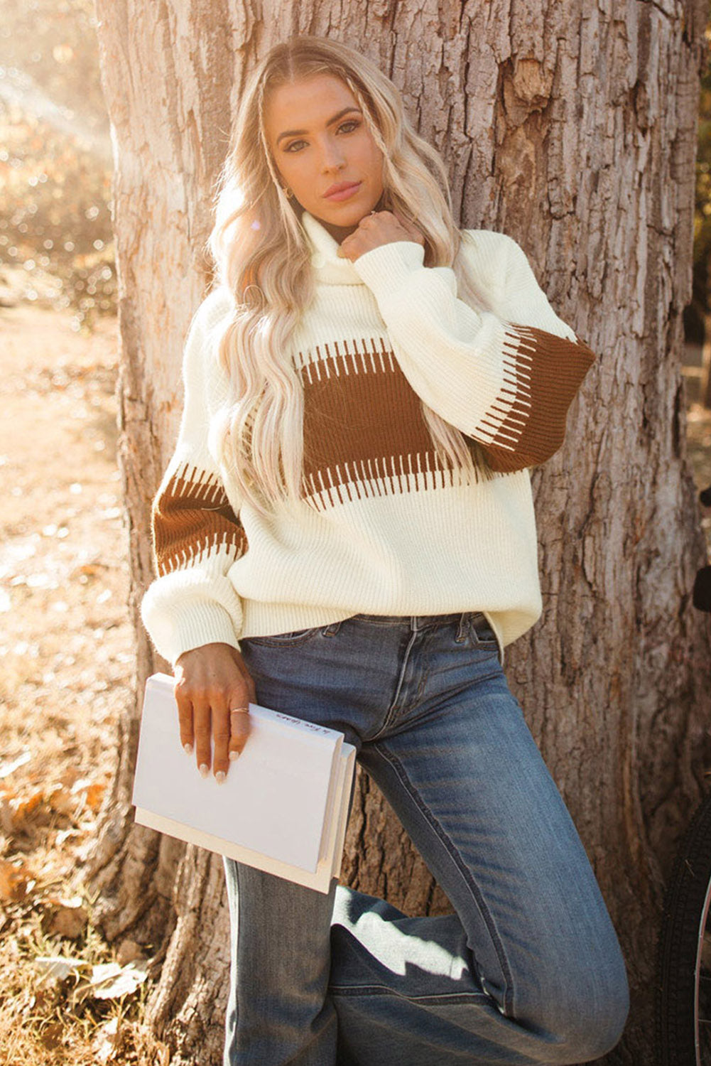 White Printed Patchwork Turtle Neck Knitted Sweater