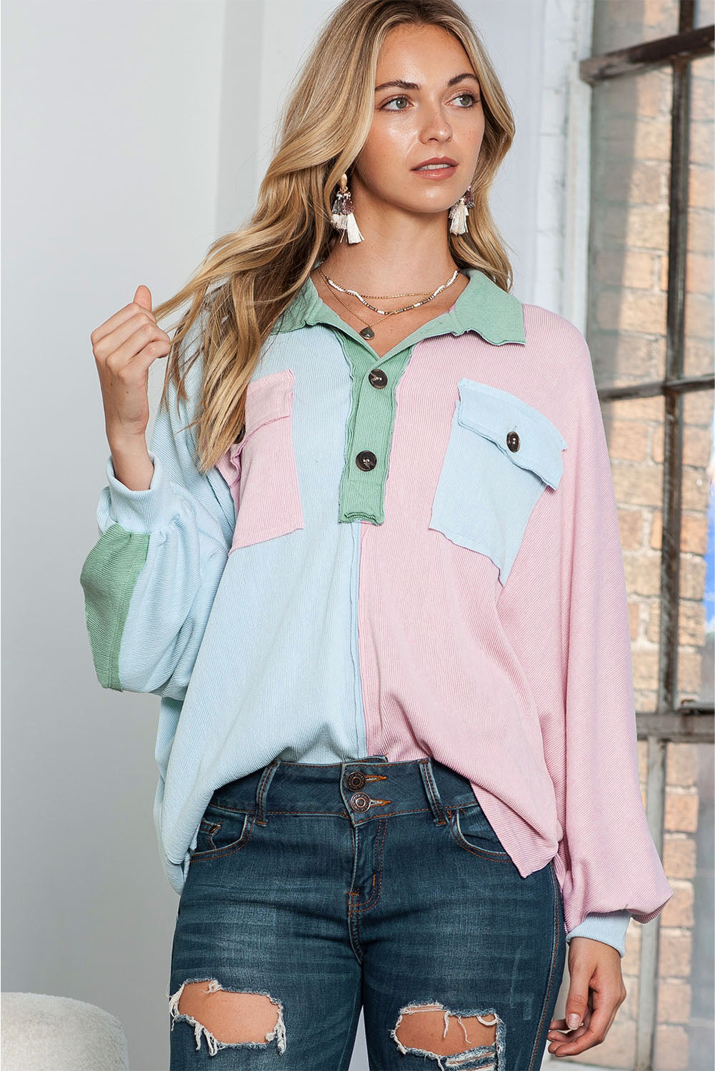 Multicolor Exposed Seam Colorblock Ribbed Oversized Henley Top